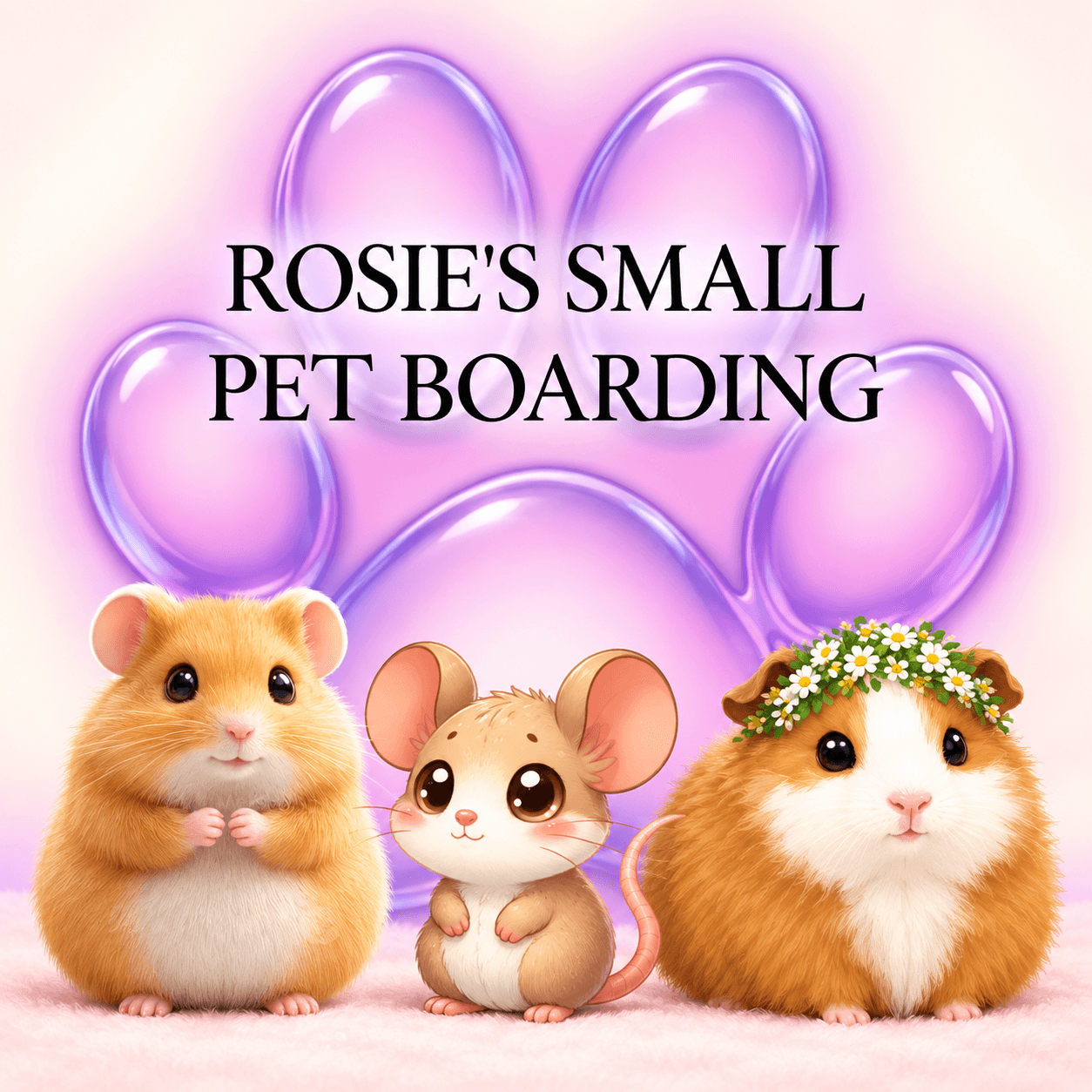 Rosie's Small Pet Boarding illustrated logo with a hamster, mouse and guinea pig